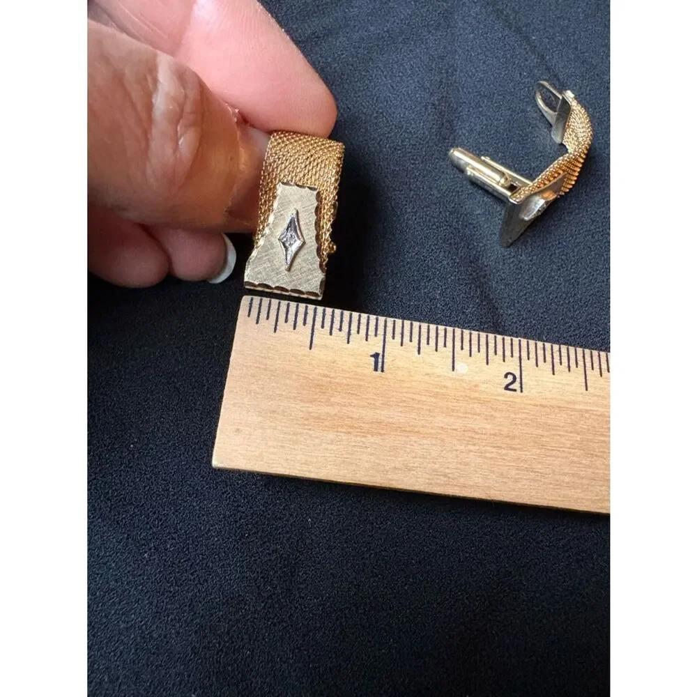 Vintage Anson Gold Tone Mesh Cufflinks Diamond Accent Wrap Style Mid century